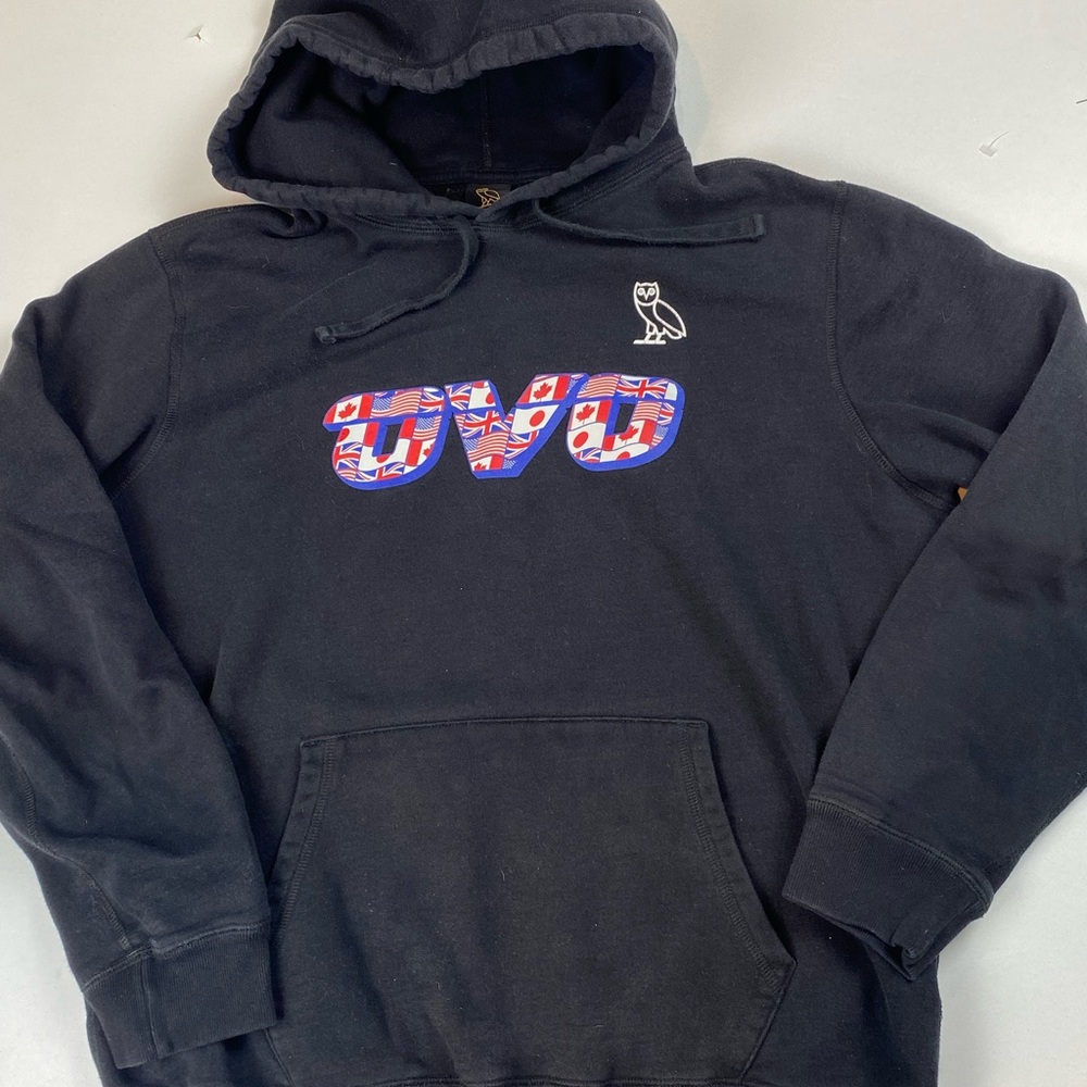 OVO Black Hoodie with Multicolor Flag Logo - M